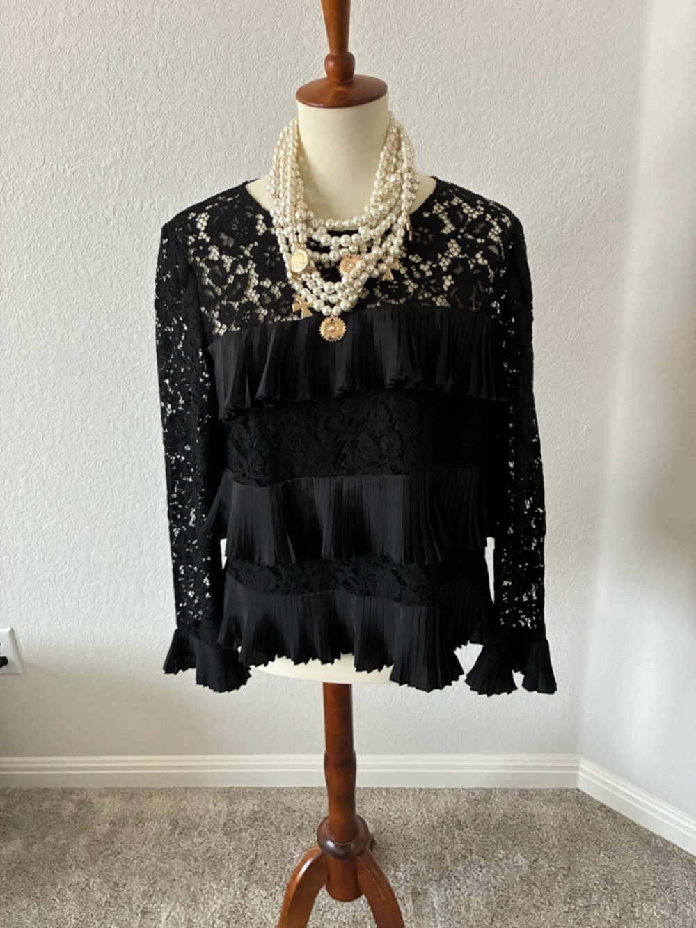 J. Crew Black Lace Fringe Tiered Long-Sleeve Top